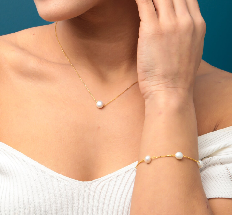 Picture of Korean Girls Ins Pearl Necklace Clavicle Chain - Golden & White