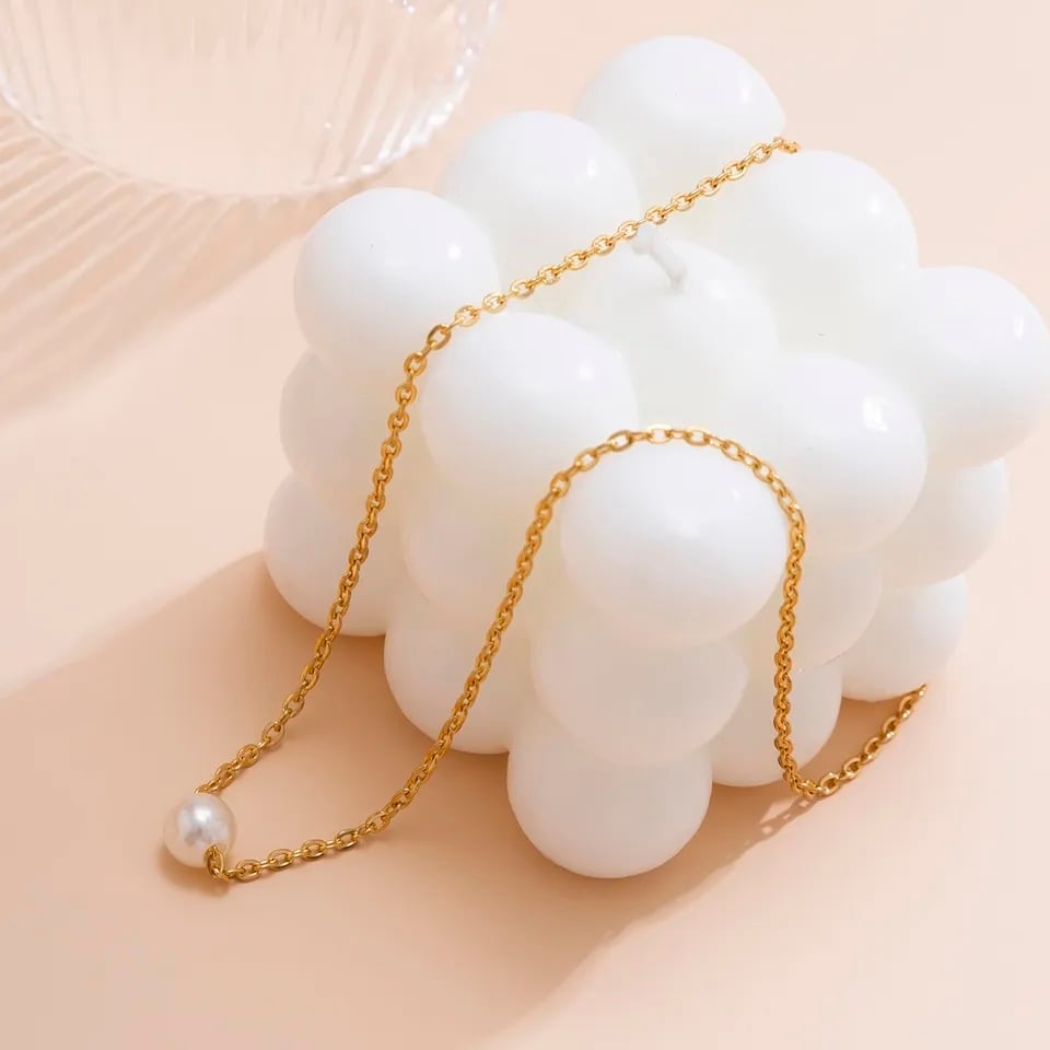 Picture of Fashion Sweet Pearl Ball Droplets Chain Necklace - Golden & White