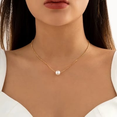 Picture of Fashion Sweet Pearl Ball Droplets Chain Necklace - Golden & White