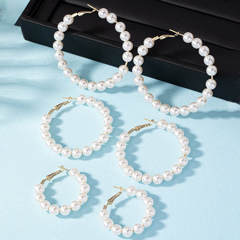 Picture of Personality Retro Fashion Pearl Hoop Earrings-Girls Statement Drop Earrings - Gold
