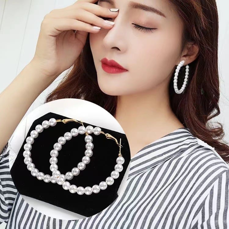 Picture of Personality Retro Fashion Pearl Hoop Earrings-Girls Statement Drop Earrings - Gold