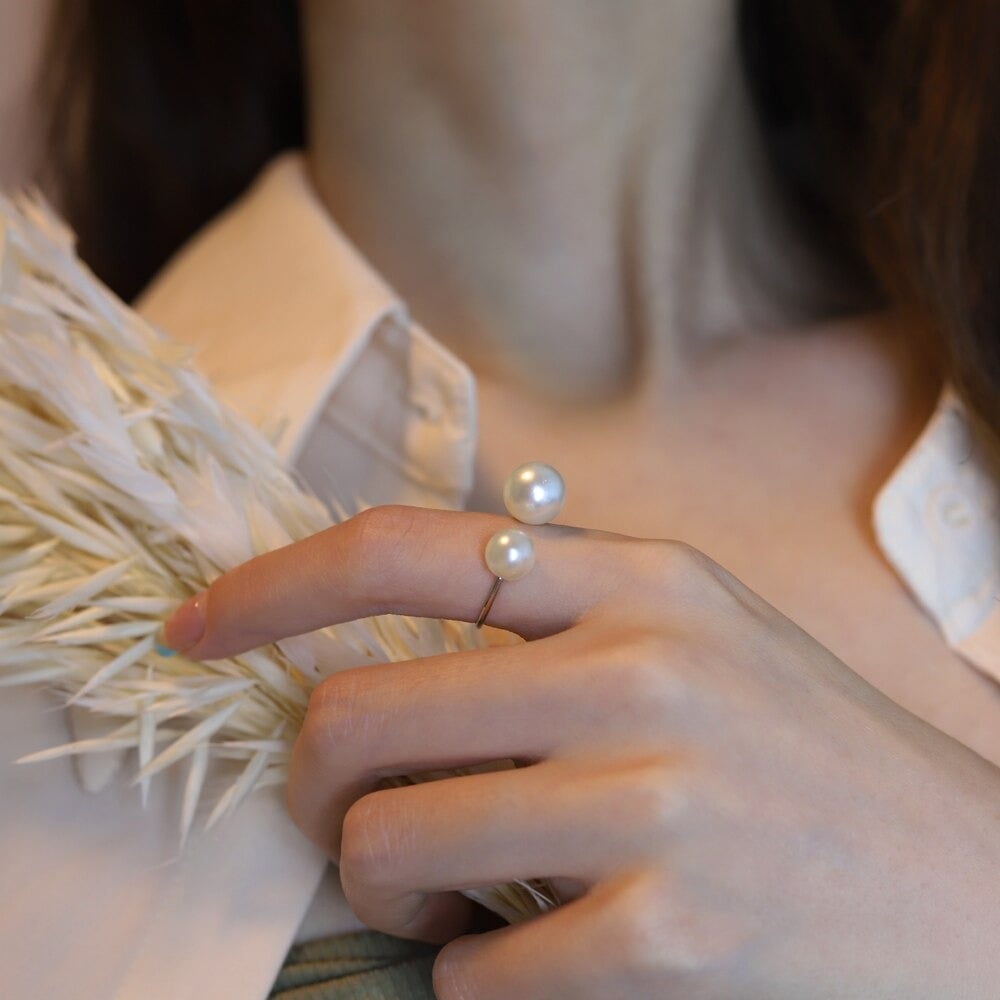 Picture of Trendy Adjustable Double Pearl Ring in Simple Korean Style - Perfect Gift for Girls and Women