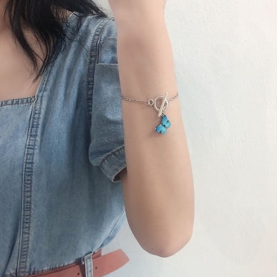Picture of Blue Butterfly Bracelet Korean Style Jewelry Girls Friendship Bracelets Fashion Hand Accessories - Silver