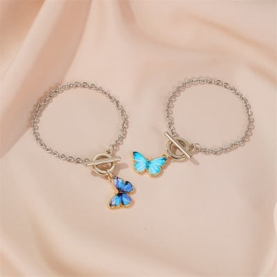 Picture of Blue Butterfly Bracelet Korean Style Jewelry Girls Friendship Bracelets Fashion Hand Accessories - Silver