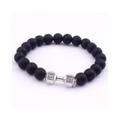 Picture of Men Volcanic Stone Beads Bracelet Wrist Jewelry/Black Matte Beads Dumbbell Strand Bracelet - Dumbell Silver
