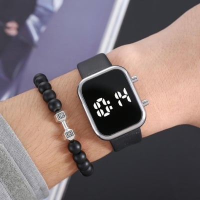 Picture of Men Volcanic Stone Beads Bracelet Wrist Jewelry/Black Matte Beads Dumbbell Strand Bracelet - Dumbell Silver