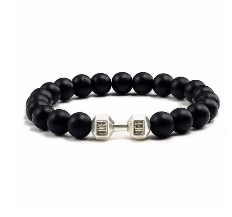 Picture of Volcanic Stone Dumbbell Bracelet Matte Beads Bracelets For Men & Women - Dumbell Silver