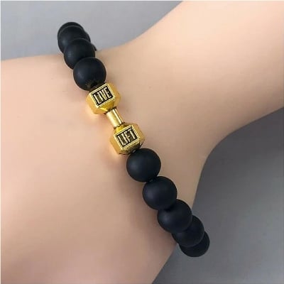 Picture of Black Stone Dumbbell Bracelet Men - Bracelet For Men - Dumbell Golden