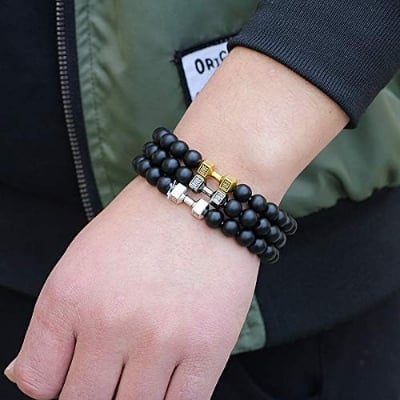 Picture of Dumbbell Beaded Bracelets for Men Lava Stone Bracelet