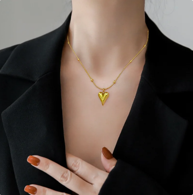 Picture of Woman Stainless Steel Love Heart Pendant Necklaces Virgin Girls Jewelry Rose Gold Color Chain Link - Gold