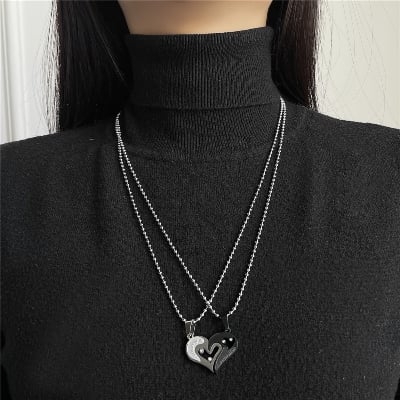 Picture of 2pcs I Love You Rhinestone Inlaid Matching Heart Locket Couple Necklace - Silver