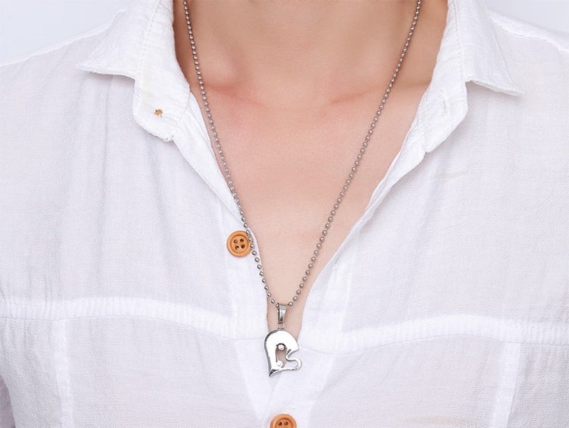 Picture of 2pcs I Love You Rhinestone Inlaid Matching Heart Locket Couple Necklace - Silver