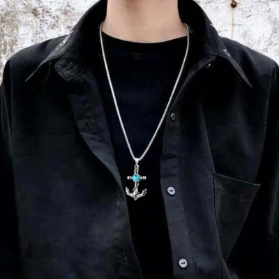 Picture of Anchor Turquoise Decal Stainless Steel Necklace For Men - Silver