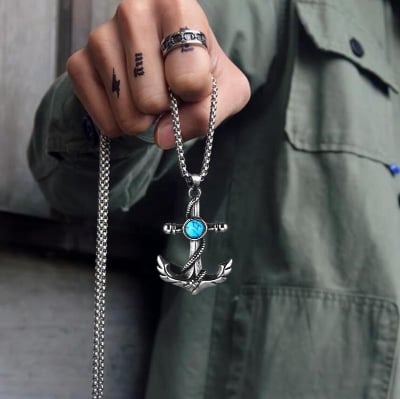Picture of Anchor Turquoise Decal Stainless Steel Necklace For Men - Silver