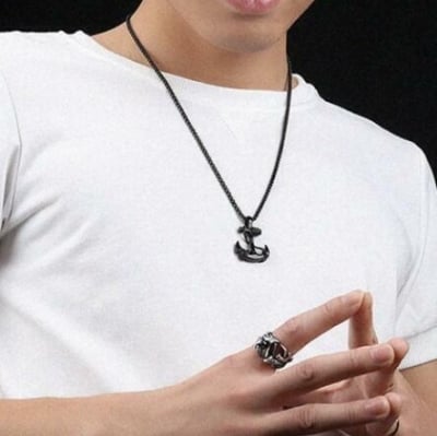 Picture of Trendy Retro Men's Pirates Anchor Necklace Hip Hop Vintage Necklace Jewelry Gift - Black