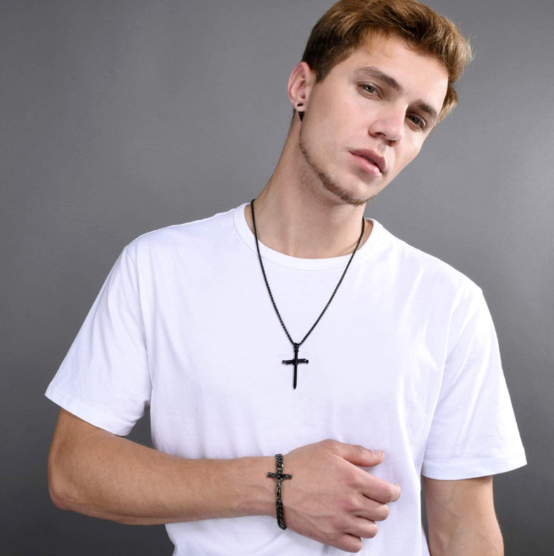 Picture of Fashionable Cross New Stainless Steel Necklace For Men - Black