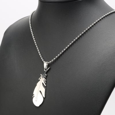 Picture of Feather Necklace Stainless Steel Men's Necklace Feather Necklace - Silver