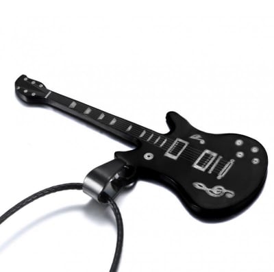 Picture of Fashion Stainless Steel Black Music Guitar Necklace Leather Chain Gifts - Black