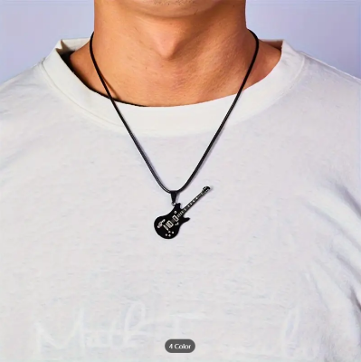 Picture of Fashion Stainless Steel Black Music Guitar Necklace Leather Chain Gifts - Black