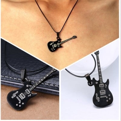 Picture of Fashion Stainless Steel Black Music Guitar Necklace Leather Chain Gifts - Black