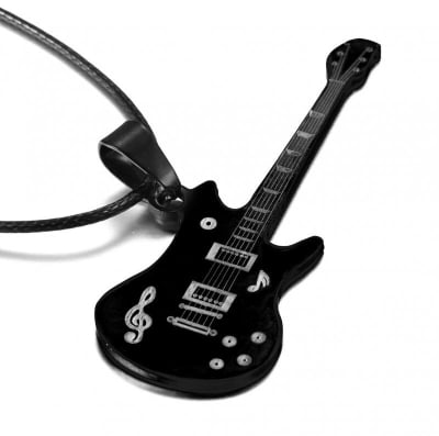 Picture of Fashion Stainless Steel Black Music Guitar Necklace Leather Chain Gifts - Black