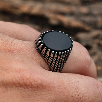 Picture of Men Stainless Steel Black Natural Stone Mens Finger Ring - Silver