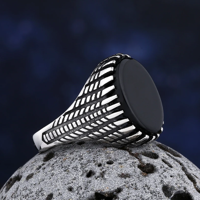 Picture of Men Stainless Steel Black Natural Stone Mens Finger Ring - Silver