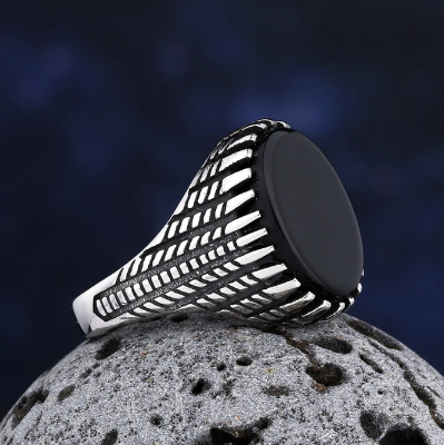 Picture of Men Stainless Steel Black Natural Stone Mens Finger Ring - Silver