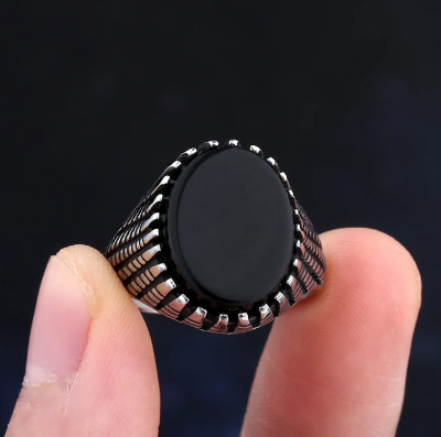 Picture of Stainless Steel Black Natural Stone Mens Finger Ring For Men - Silver