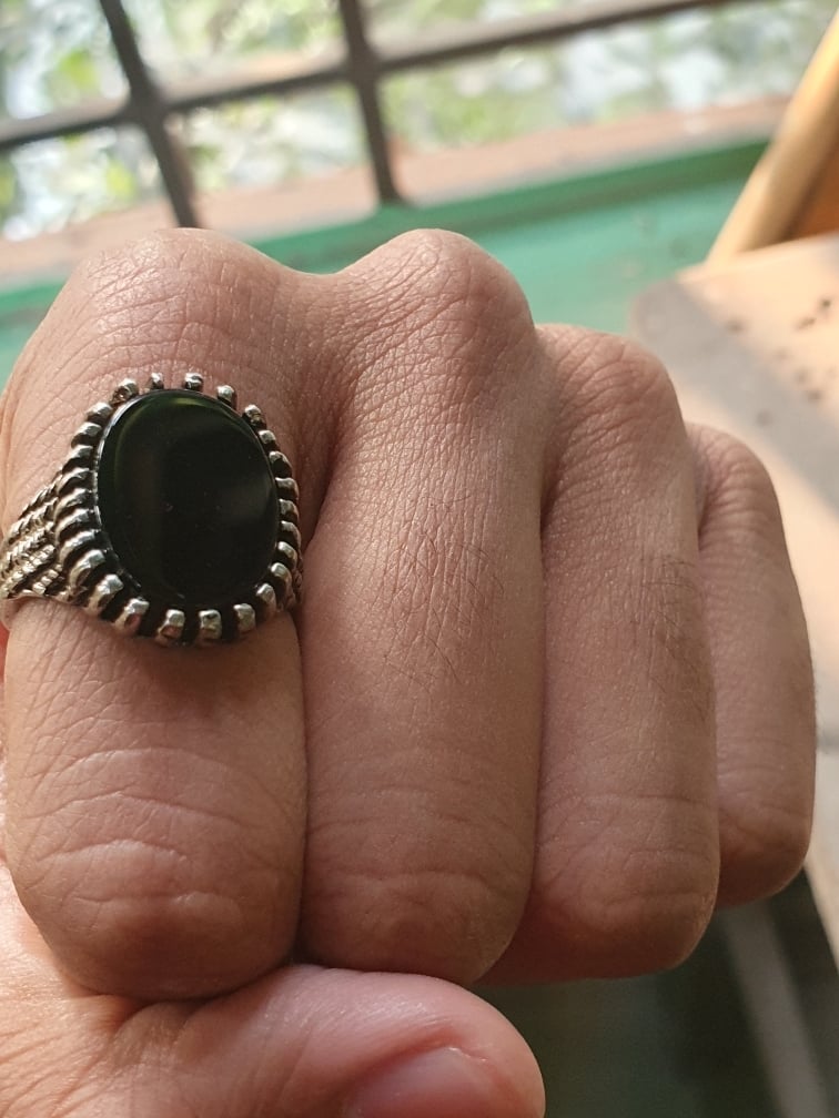 Picture of Stainless Steel Black Natural Stone Mens Finger Ring For Men - Silver