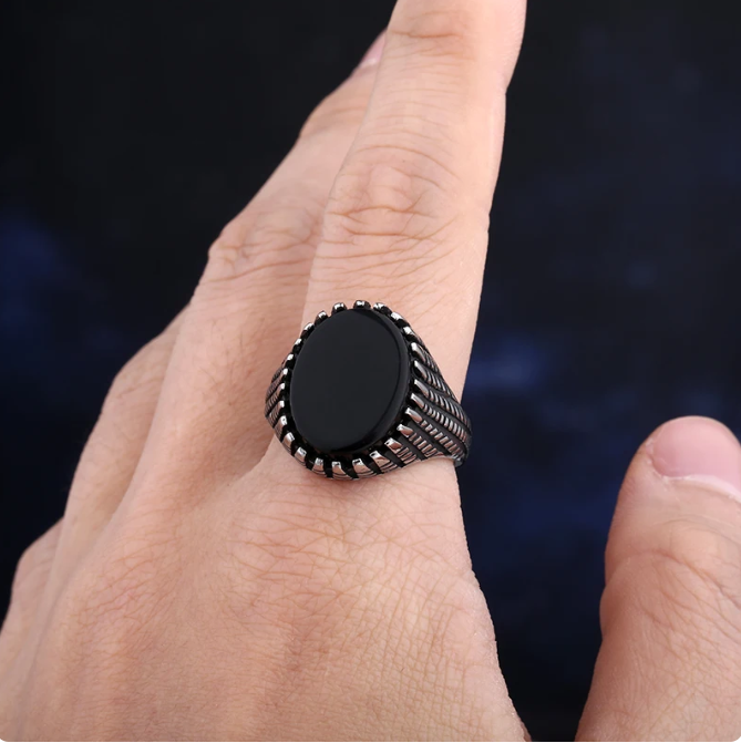 Picture of Stainless Steel Black Natural Stone Mens Finger Ring For Men - Silver