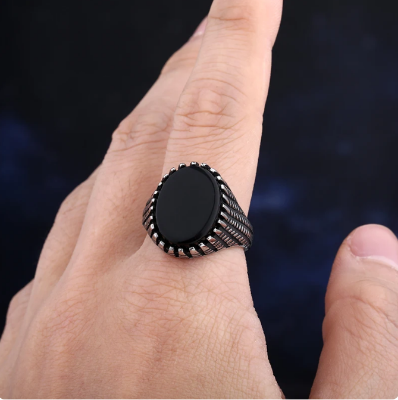 Picture of Stainless Steel Black Natural Stone Mens Finger Ring For Men - Silver