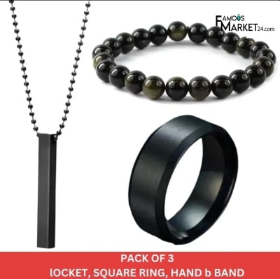 Picture of BELLINA Stylish Bar Pendant Set, Necklaces Finger Ring Set And Oval Kada Bracelet For Boys And Men (Pack Of 3) - Black