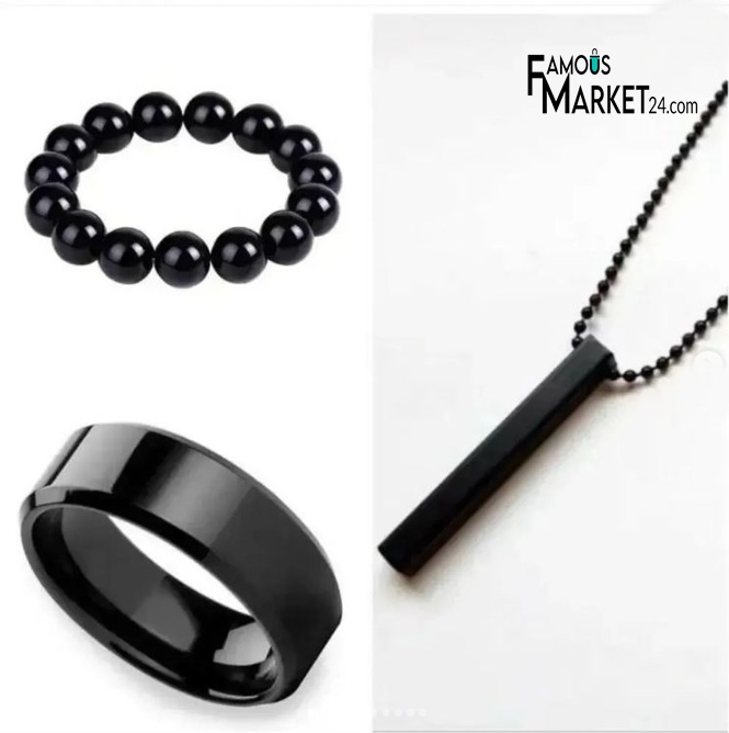 Picture of BELLINA Stylish Bar Pendant Set, Necklaces Finger Ring Set And Oval Kada Bracelet For Boys And Men (Pack Of 3) - Black