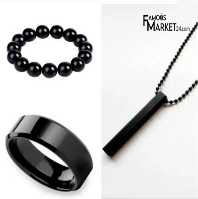 Picture of Pack of 3 New Black Stick Bar Necklace /Locket/Chain Bracelet & Black Ceramic Ring for Men with High Quality - Black
