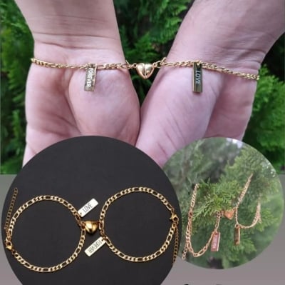 Picture of 2 Pcs Loving Magnetic Bracelet Stainless Steel Heart Shaped Set 2 - Gold