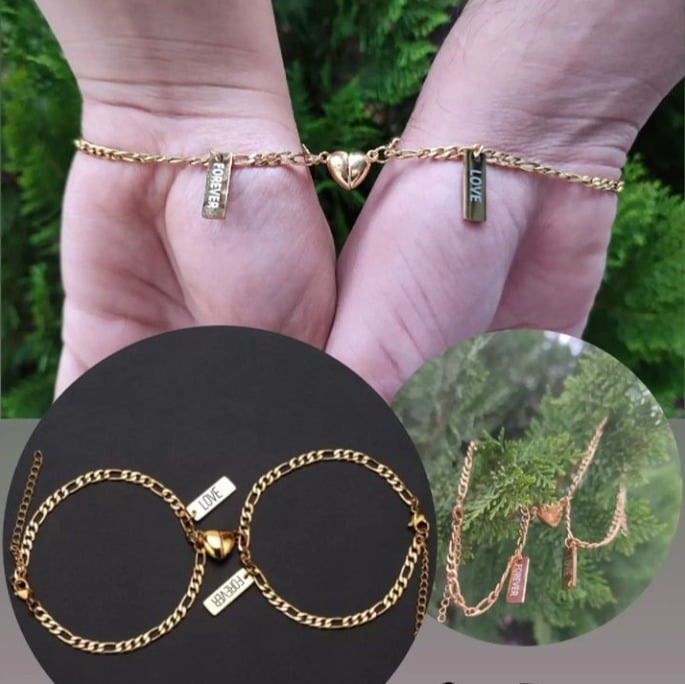 Picture of men Women 2pcs Love Couple Magnetic Stainless Steel  Heart pendant Magnet Friendship Bangle - Gold