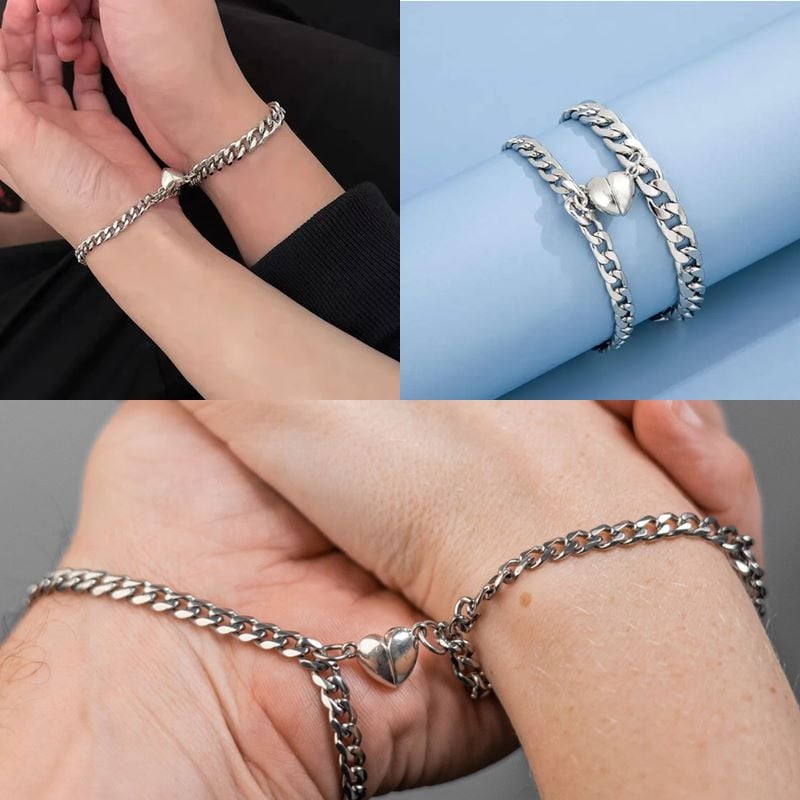 Picture of men Women   Chain Link Bracelet Love Heart Bangle Boho Charm Bracelets Stainless Steel - Silver