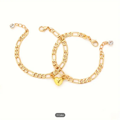 Picture of 2pcs/set Heart Magnet Couple Bracel et Stainless Chain  Bracelet  men Women - Gold