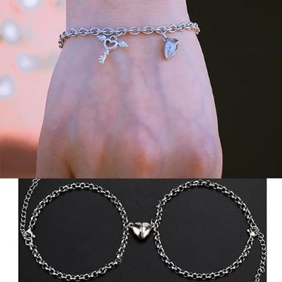Picture of 2 Pcs Loving Magnetic Bracelet Stainless Steel Heart Shaped Set 2 - Silver