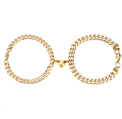 Picture of 2Pcs/Set Magnet  Bracelets Heart Attraction Bracelet Stainless Steel Gift - Gold