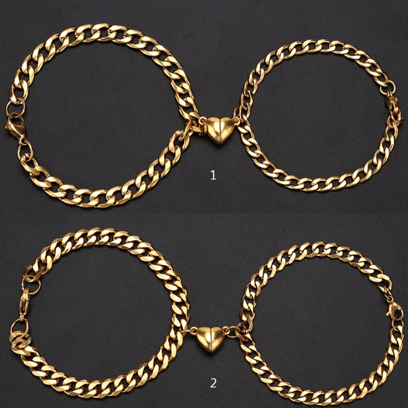 Picture of 2Pcs/Set Magnet  Bracelets Heart Attraction Bracelet Stainless Steel Gift - Gold