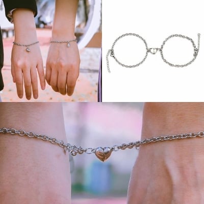Picture of Link Chain Heart Pendant Bracelets men  Women  Fashion Trendy Stainless Steel Bracelet - Silver