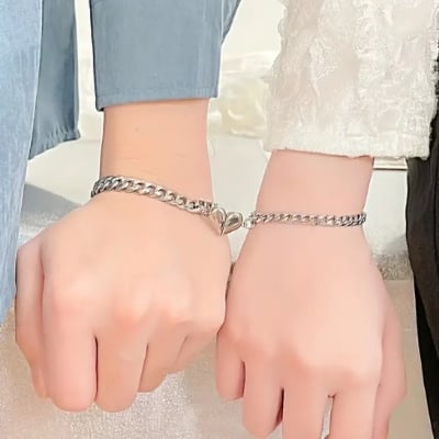 Picture of 2 Pcs Loving Magnetic Bracelet Stainless Steel Heart Shaped Set 2 - Silver