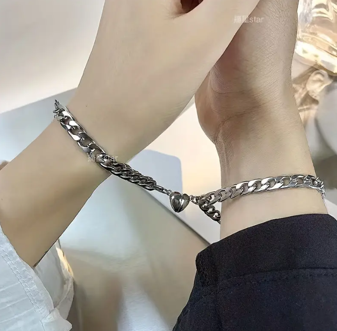 Picture of 2 Pcs Loving Magnetic Bracelet Stainless Steel Heart Shaped Set 2 - Silver