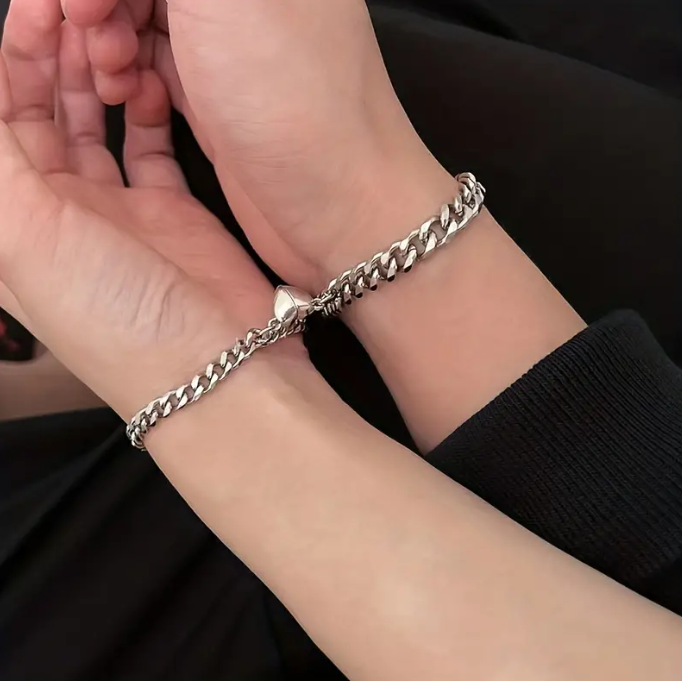 Picture of 2 Pcs Loving Magnetic Bracelet Stainless Steel Heart Shaped Set 2 - Silver