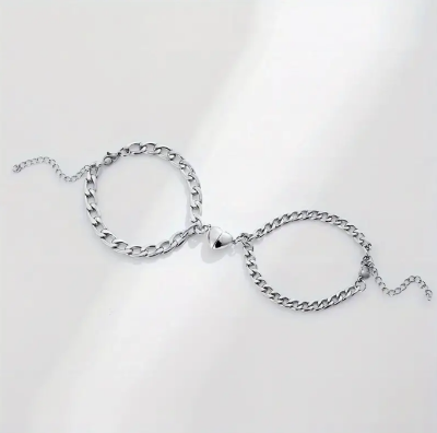 Picture of 2 Pcs Loving Magnetic Bracelet Stainless Steel Heart Shaped Set 2 - Silver