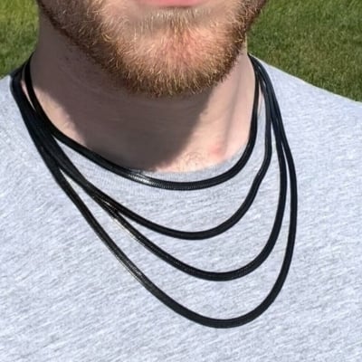 Picture of Snake Chain For Men And Boys Rhodium Plated Stainless Steel Chain - Black