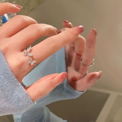 Picture of Cute Double Butterfly Zirconia Crystal Stackable Rings - Silver