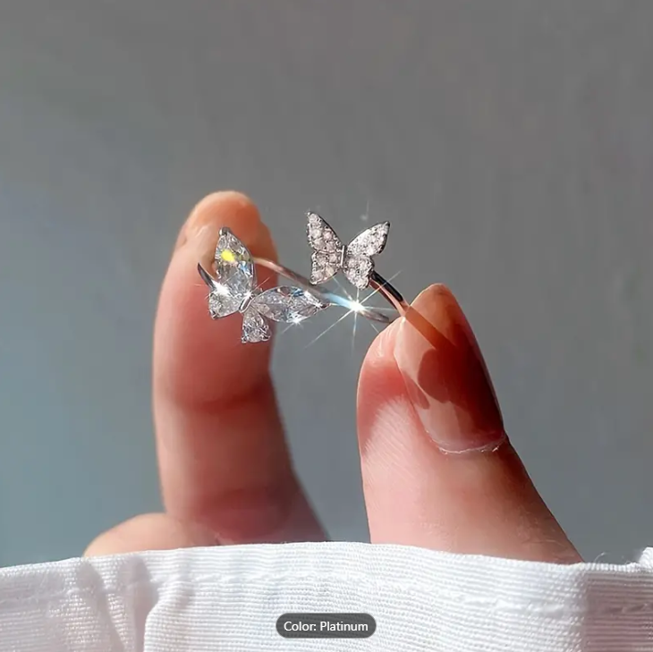 Picture of Cute Double Butterfly Zirconia Crystal Stackable Rings - Silver